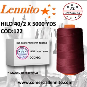 Caja de 12 unidades de hilo poliéster costura 40/2 x 5000 yds color vino codigo 122
