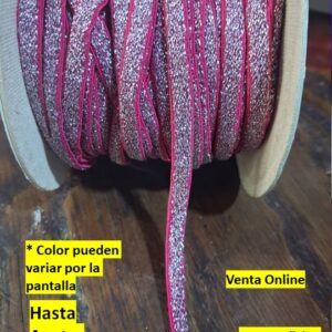 cinta Elástico Poliéster de 6mm brillo plomo con filo fucsia Por metros