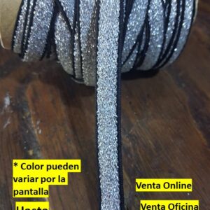 cinta Elastico Poliéster de 1cm plomo escarchado con filo negro Por metros